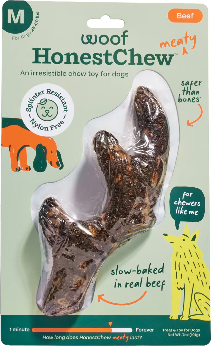 Woof HonestChew Meaty Beef Antler-shaped Plant-based Dog Chew Bone with Meat Covering, Medium