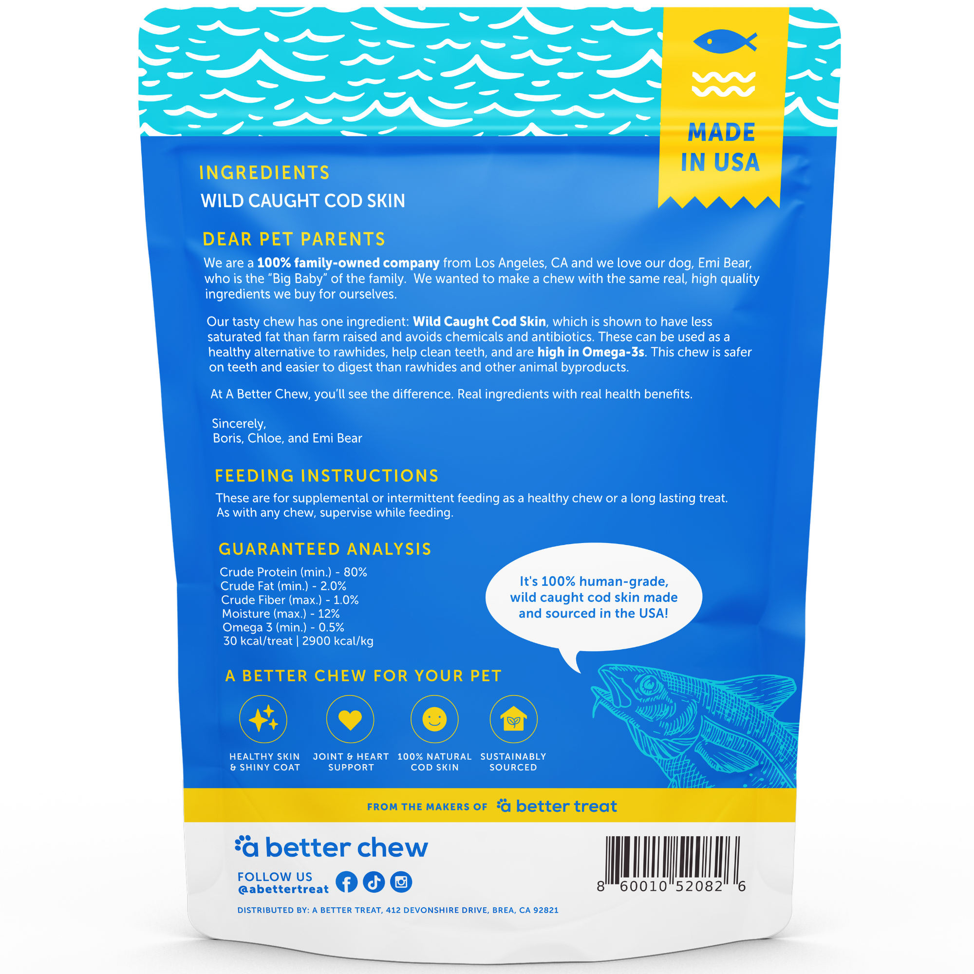 Wild Caught Cod Skin Chews- Natural Alternative to Rawhides - Long Lasting Dog Treats