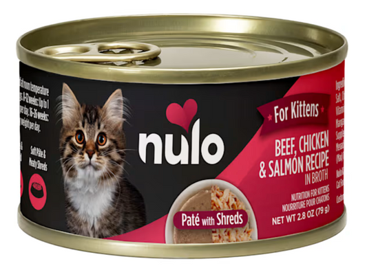 Nulo Pate with Shreds Beef, Chicken & Salmon Wet Kitten Food, 2.8 oz