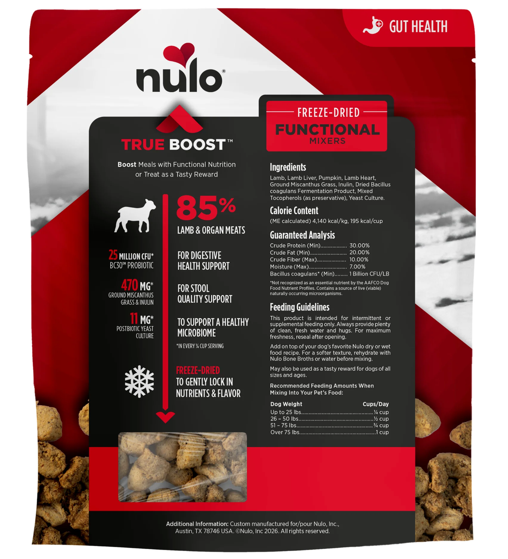 NULO DOG TRUE BOOST FREEZE-DRIED FUNCTIONAL MIXERS GUT HEALTH LAMB & PUMPKIN RECIPE 3.5OZ BAG